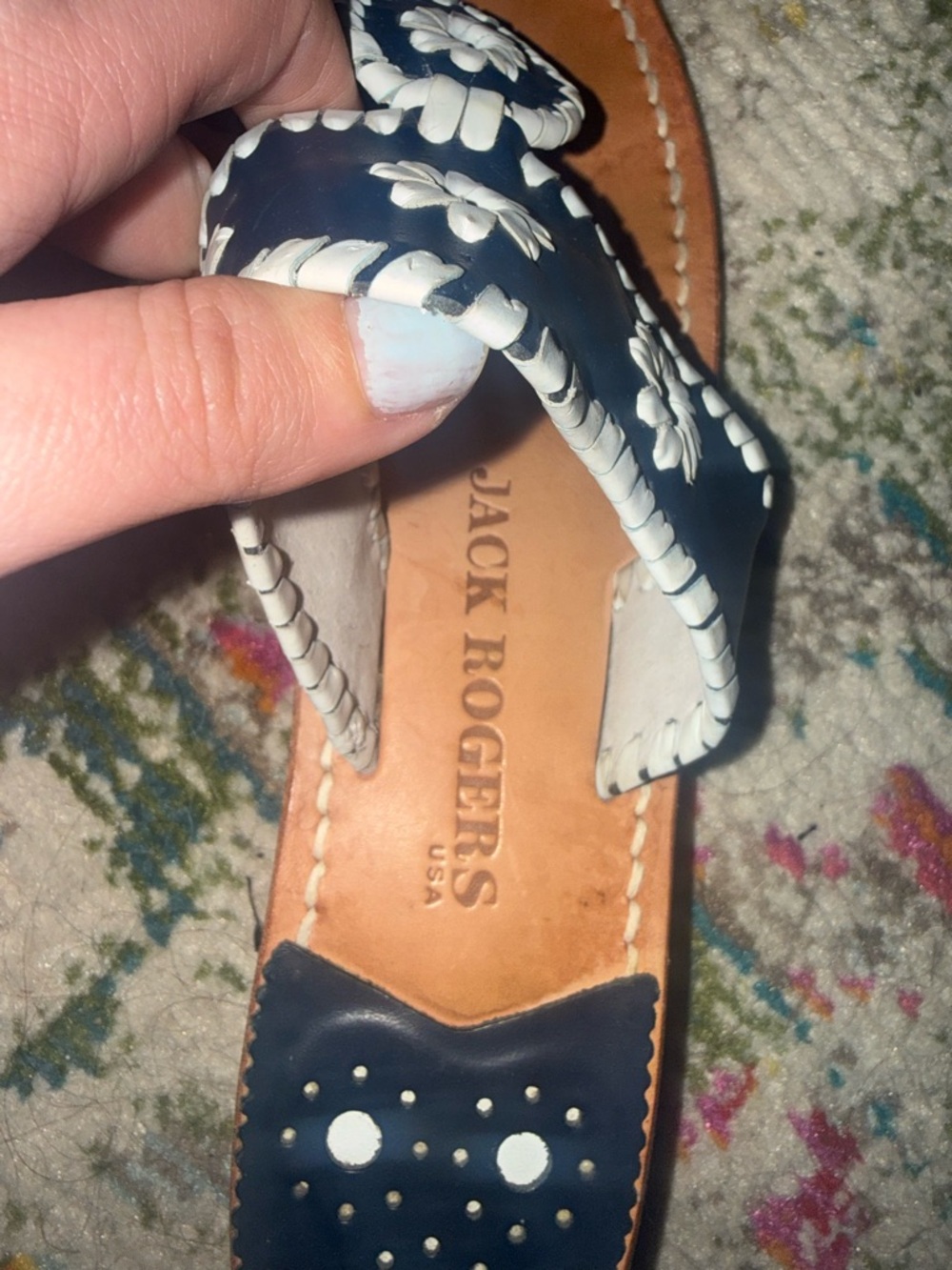 Jack Rogers Navy and White Floral Leather Sandal - Picture 3 of 3